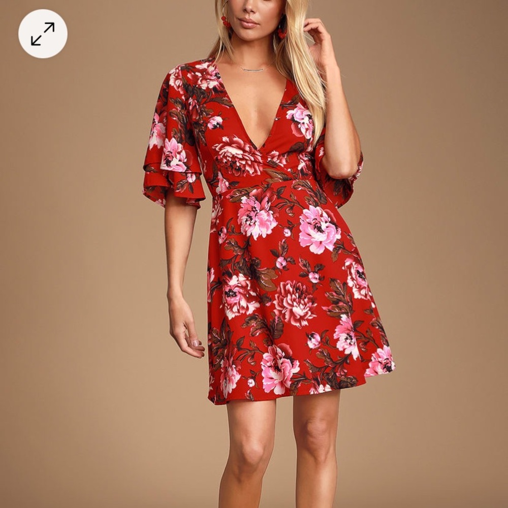 Laclair Red Floral Print Surplice Skater Dress